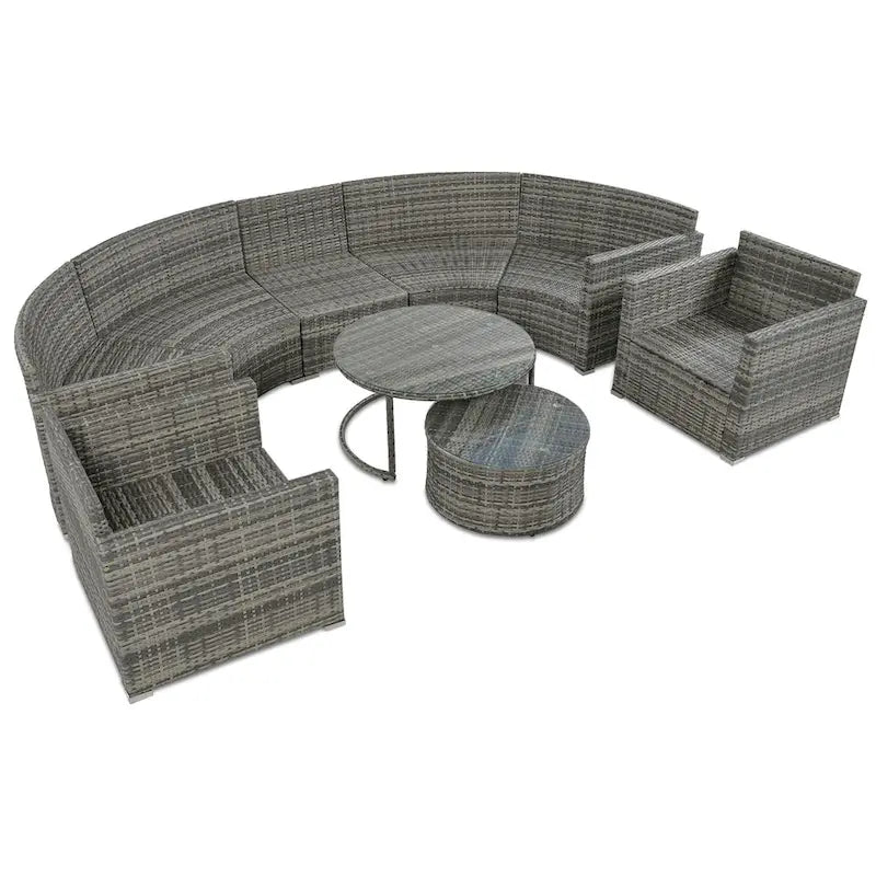 9-Piece Half-Moon Wicker Patio Sofa Set with Cushions and Two Round Coffee Tables