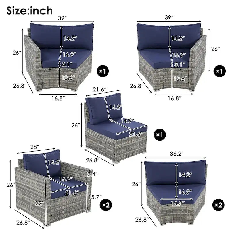 9-Piece Half-Moon Wicker Patio Sofa Set with Cushions and Two Round Coffee Tables