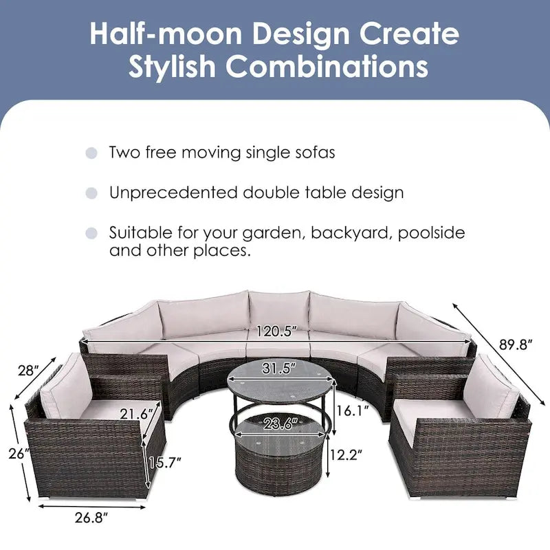 9-Piece Half-Moon Wicker Patio Sofa Set with Cushions and Two Round Coffee Tables