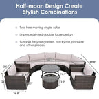 9-Piece Half-Moon Wicker Patio Sofa Set with Cushions and Two Round Coffee Tables