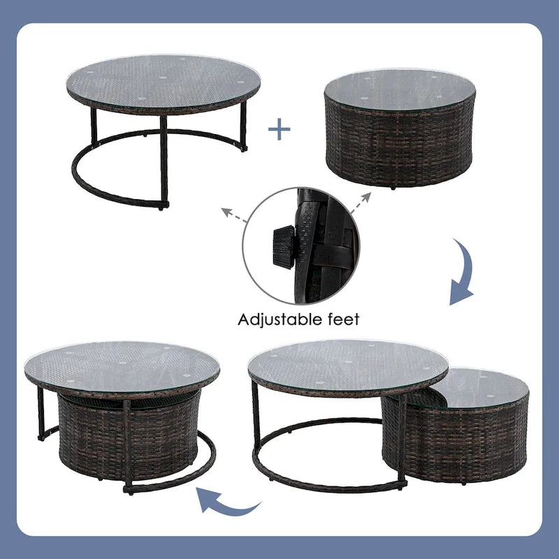 9-Piece Half-Moon Wicker Patio Sofa Set with Cushions and Two Round Coffee Tables
