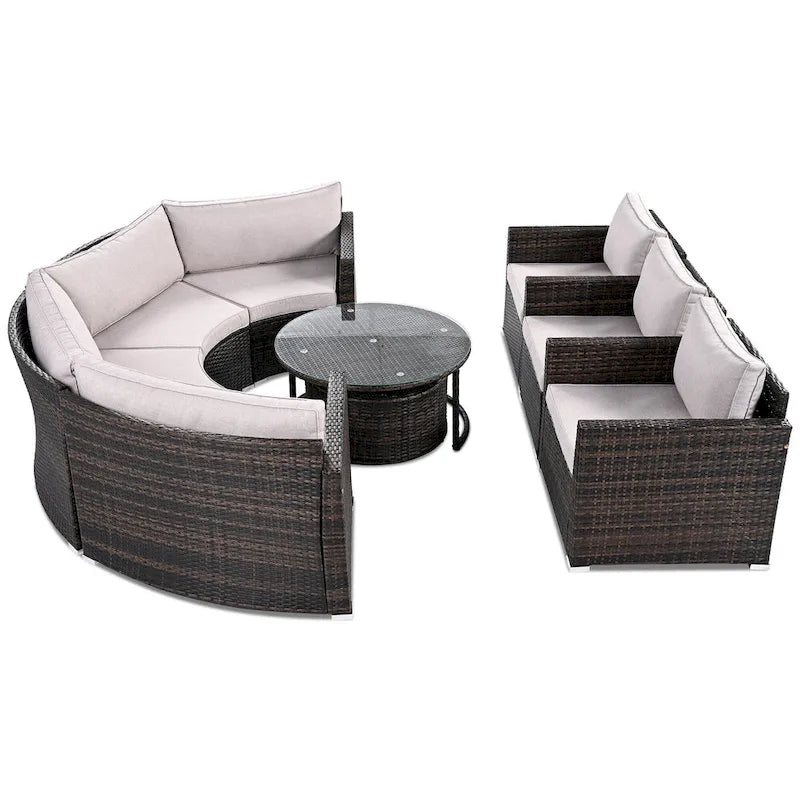 9-Piece Half-Moon Wicker Patio Sofa Set with Cushions and Two Round Coffee Tables