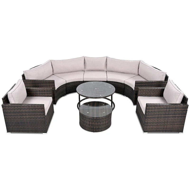 9-Piece Half-Moon Wicker Patio Sofa Set with Cushions and Two Round Coffee Tables