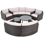 9-Piece Half-Moon Wicker Patio Sofa Set with Cushions and Two Round Coffee Tables