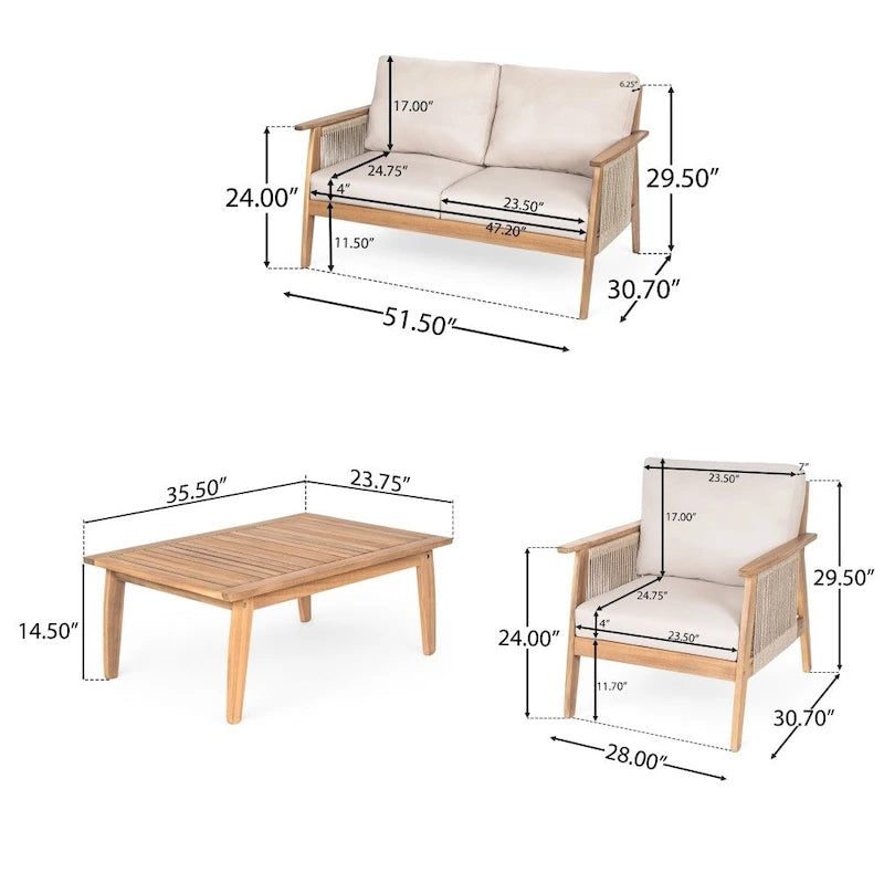 Modern Outdoor 4-piece Acacia Wood Sectional Sofa Set with Waterproof Cushions
