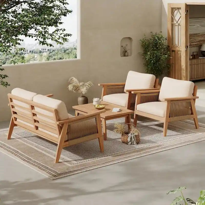 Modern Outdoor 4-piece Acacia Wood Sectional Sofa Set with Waterproof Cushions
