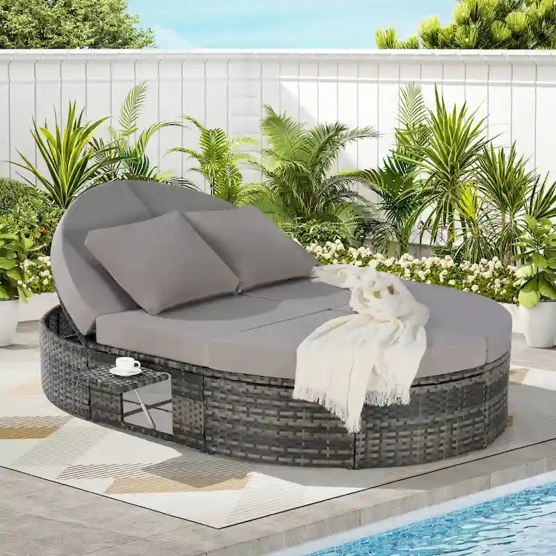 Round Daybed Sunbed with Adjustable Back & Foldable Cup Trays