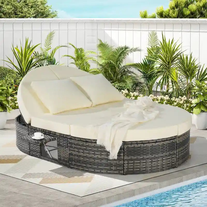 Round Daybed Sunbed with Adjustable Back & Foldable Cup Trays