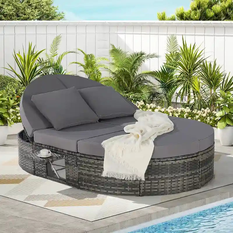 Round Daybed Sunbed with Adjustable Back & Foldable Cup Trays
