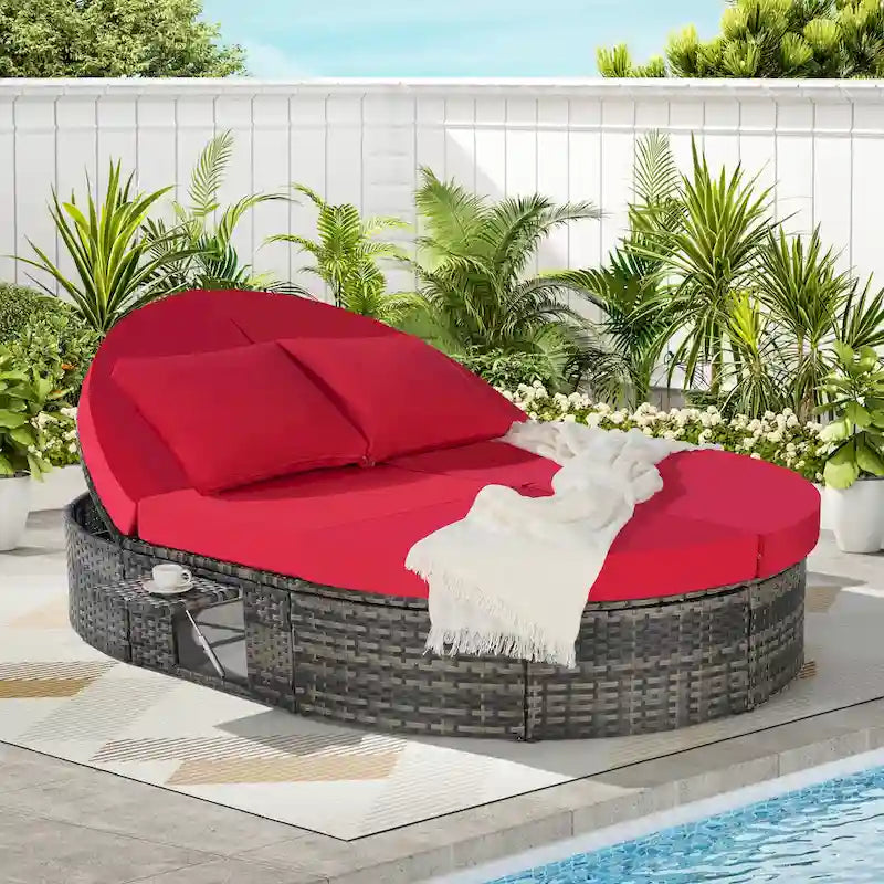 Round Daybed Sunbed with Adjustable Back & Foldable Cup Trays