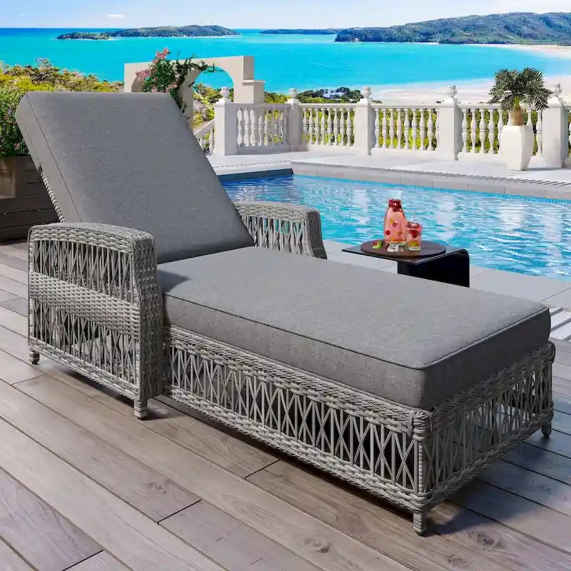 Rattan Chaise Lounge Chair with Adjustable Back & Armrests