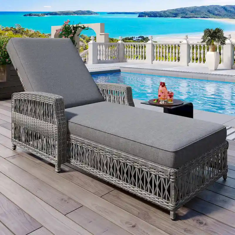 Rattan Chaise Lounge Chair with Adjustable Back & Armrests