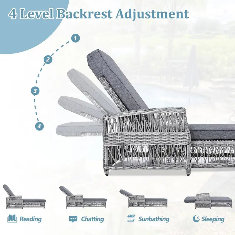 Rattan Chaise Lounge Chair with Adjustable Back & Armrests