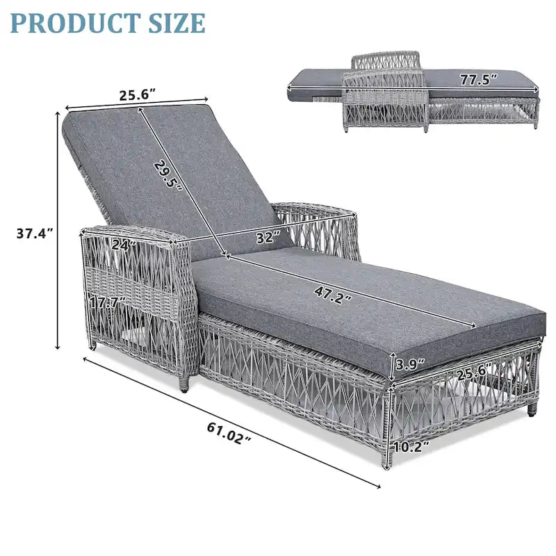 Rattan Chaise Lounge Chair with Adjustable Back & Armrests