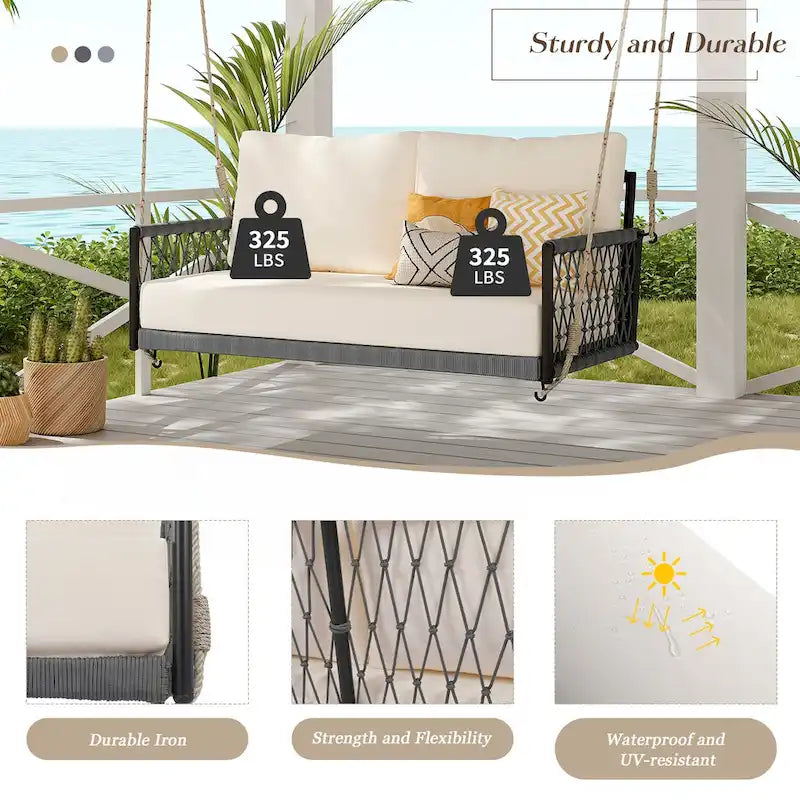 Woven Rope Outdoor Swing Sofa with Soft Cushions