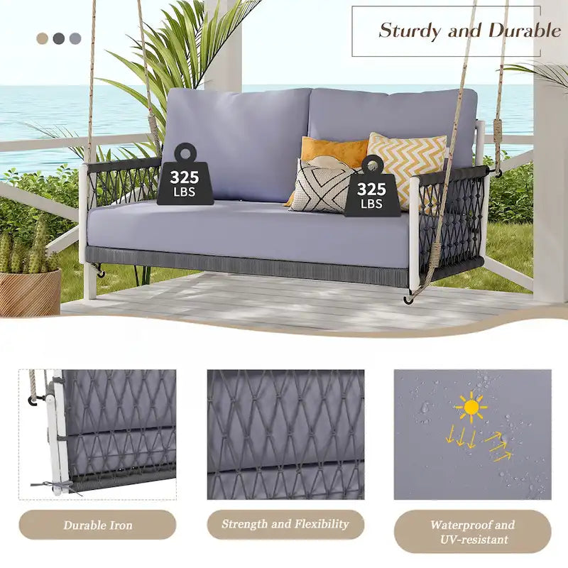 Woven Rope Outdoor Swing Sofa with Soft Cushions