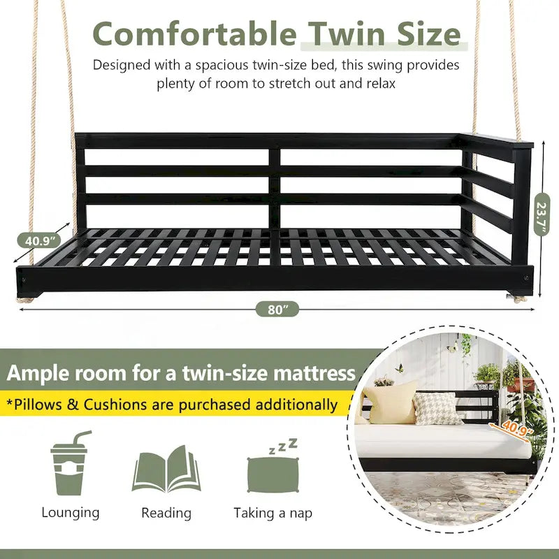 Country Patio Wooden Twin Size Swing Daybed Porch Swing Frame