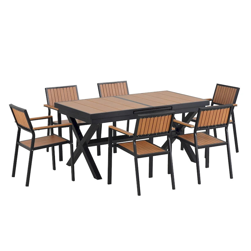 Outdoor Extendable Dining Table Set, 7 Pcs Patio Wooden Furniture Set with Rectangular Dining Table and 6 Chairs