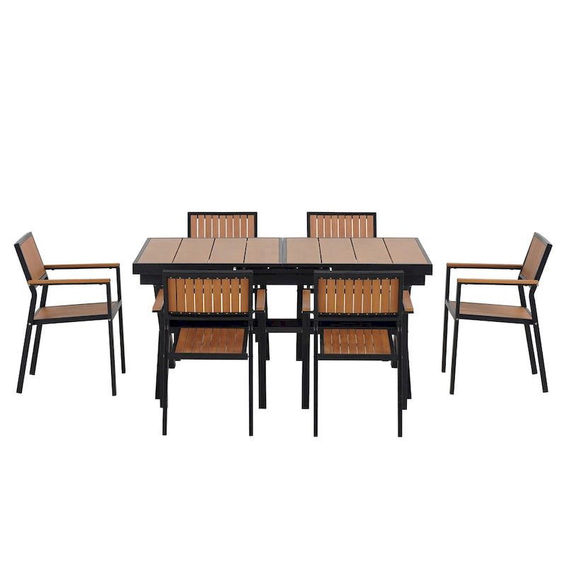 Outdoor Extendable Dining Table Set, 7 Pcs Patio Wooden Furniture Set with Rectangular Dining Table and 6 Chairs