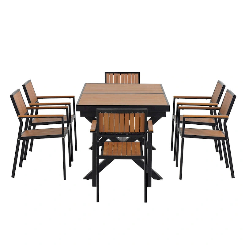 Outdoor Extendable Dining Table Set, 7 Pcs Patio Wooden Furniture Set with Rectangular Dining Table and 6 Chairs