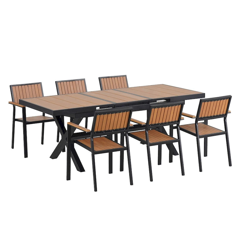 Outdoor Extendable Dining Table Set, 7 Pcs Patio Wooden Furniture Set with Rectangular Dining Table and 6 Chairs