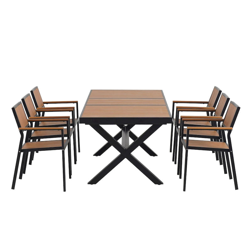 Outdoor Extendable Dining Table Set, 7 Pcs Patio Wooden Furniture Set with Rectangular Dining Table and 6 Chairs