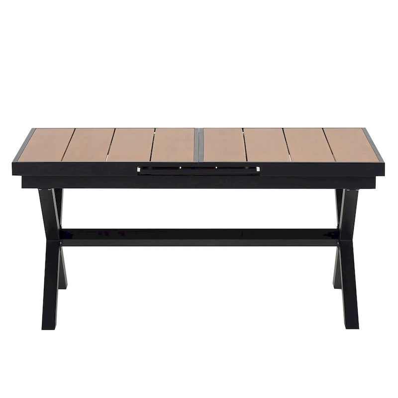 Outdoor Extendable Dining Table Set, 7 Pcs Patio Wooden Furniture Set with Rectangular Dining Table and 6 Chairs