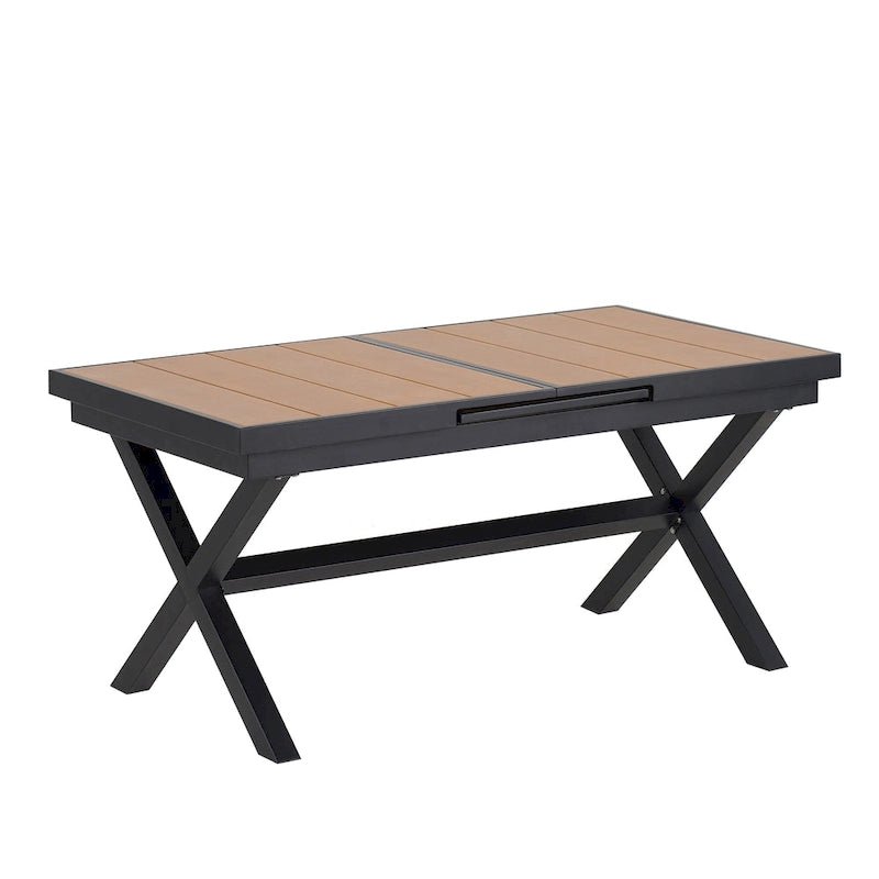 Outdoor Extendable Dining Table Set, 7 Pcs Patio Wooden Furniture Set with Rectangular Dining Table and 6 Chairs