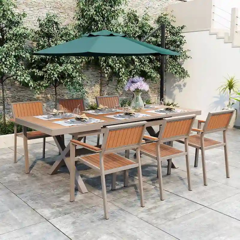Outdoor Extendable Dining Table Set, 7 Pcs Patio Wooden Furniture Set with Rectangular Dining Table and 6 Chairs