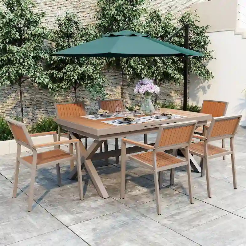 Outdoor Extendable Dining Table Set, 7 Pcs Patio Wooden Furniture Set with Rectangular Dining Table and 6 Chairs