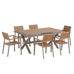 Outdoor Extendable Dining Table Set, 7 Pcs Patio Wooden Furniture Set with Rectangular Dining Table and 6 Chairs