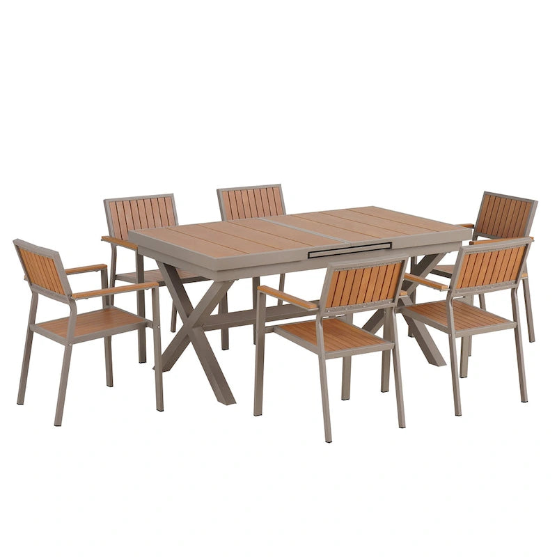 Outdoor Extendable Dining Table Set, 7 Pcs Patio Wooden Furniture Set with Rectangular Dining Table and 6 Chairs