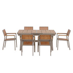 Outdoor Extendable Dining Table Set, 7 Pcs Patio Wooden Furniture Set with Rectangular Dining Table and 6 Chairs
