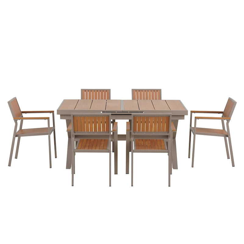 Outdoor Extendable Dining Table Set, 7 Pcs Patio Wooden Furniture Set with Rectangular Dining Table and 6 Chairs