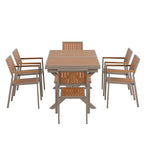 Outdoor Extendable Dining Table Set, 7 Pcs Patio Wooden Furniture Set with Rectangular Dining Table and 6 Chairs