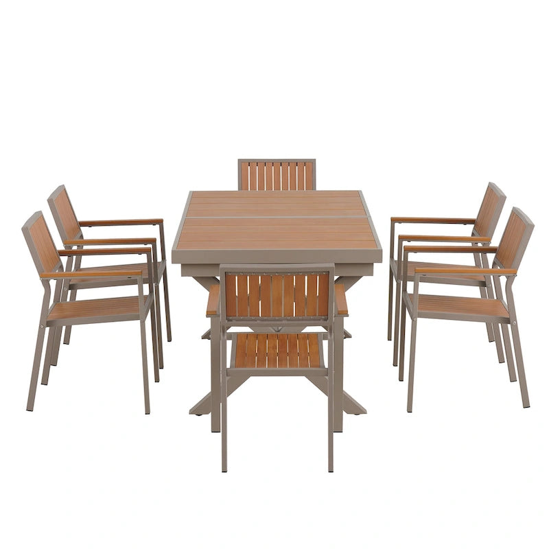 Outdoor Extendable Dining Table Set, 7 Pcs Patio Wooden Furniture Set with Rectangular Dining Table and 6 Chairs