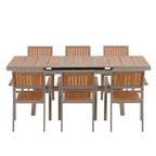 Outdoor Extendable Dining Table Set, 7 Pcs Patio Wooden Furniture Set with Rectangular Dining Table and 6 Chairs