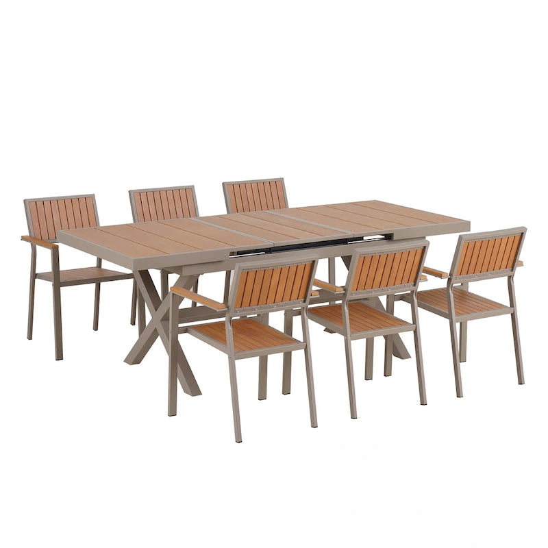 Outdoor Extendable Dining Table Set, 7 Pcs Patio Wooden Furniture Set with Rectangular Dining Table and 6 Chairs