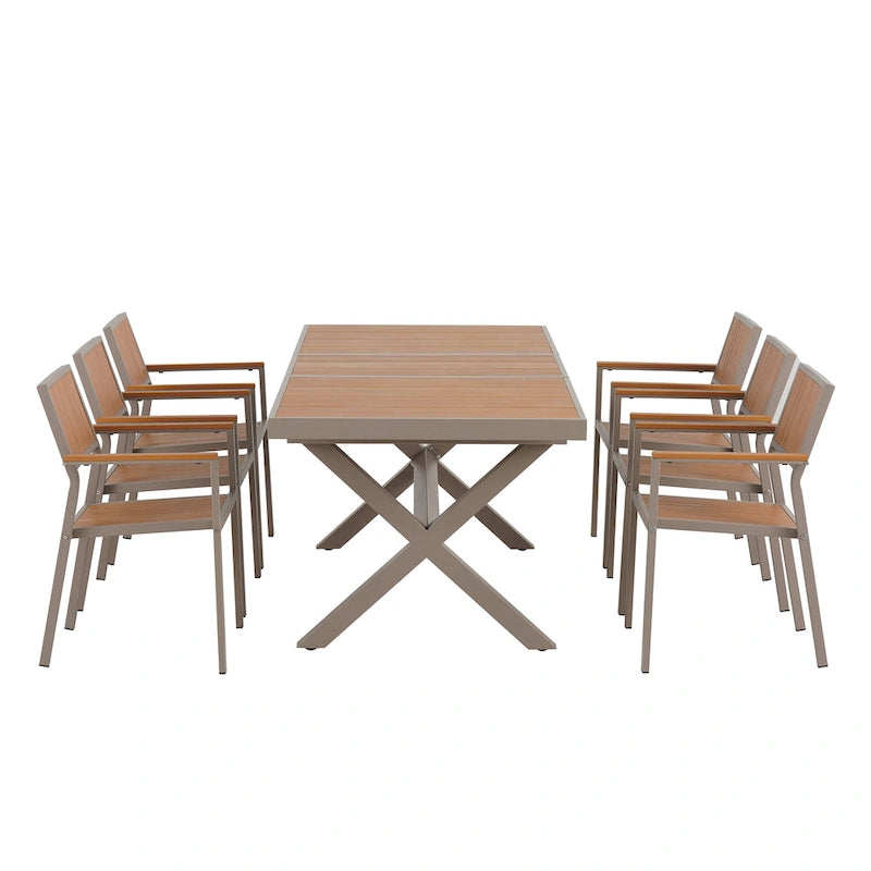 Outdoor Extendable Dining Table Set, 7 Pcs Patio Wooden Furniture Set with Rectangular Dining Table and 6 Chairs