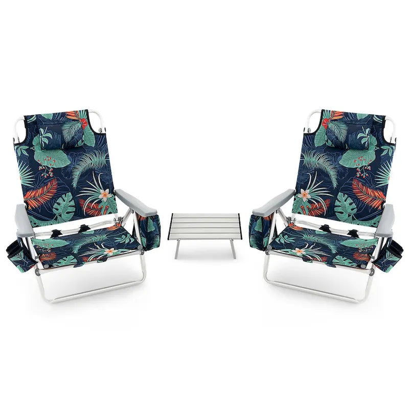 Costway 2-Pack Folding Backpack Beach Chair Table Set 5-Position