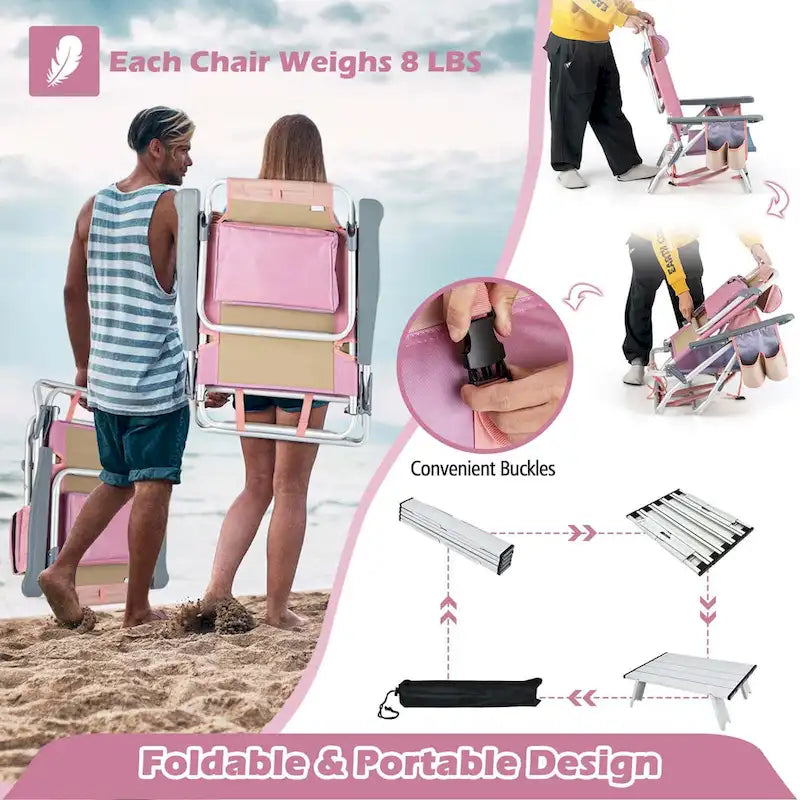 Costway 2-Pack Folding Backpack Beach Chair Table Set 5-Position