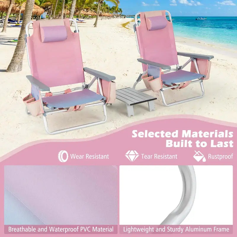 Costway 2-Pack Folding Backpack Beach Chair Table Set 5-Position
