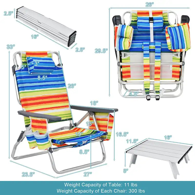 Costway 2-Pack Folding Backpack Beach Chair Table Set 5-Position