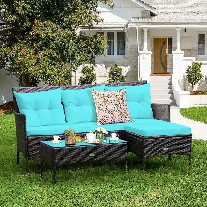 Costway 3PCS Patio Rattan Furniture Set 3-Seat Sofa Cushioned Table - See details