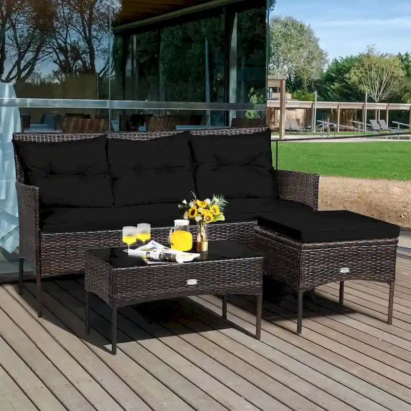 Costway 3PCS Patio Rattan Furniture Set 3-Seat Sofa Cushioned Table - See details