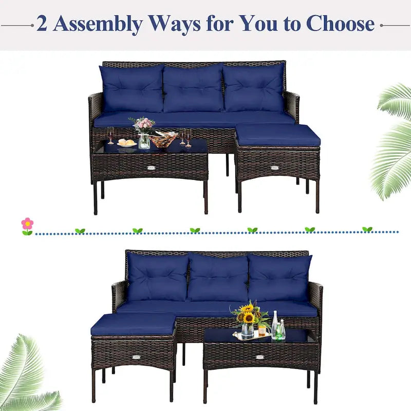 Costway 3PCS Patio Rattan Furniture Set 3-Seat Sofa Cushioned Table - See details