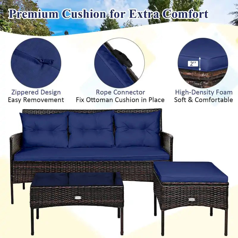 Costway 3PCS Patio Rattan Furniture Set 3-Seat Sofa Cushioned Table - See details