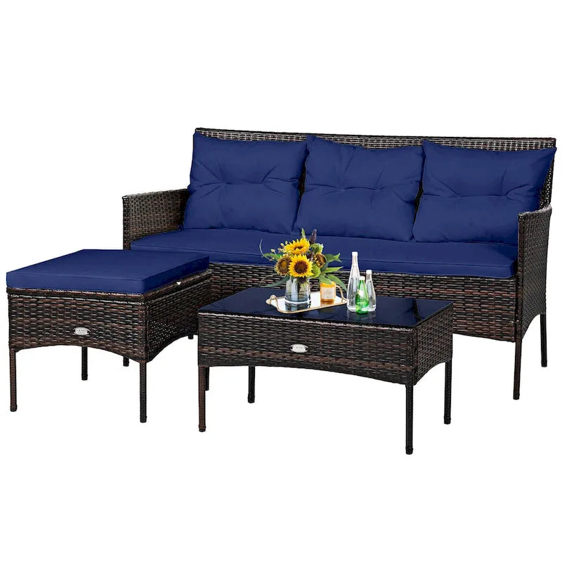 Costway 3PCS Patio Rattan Furniture Set 3-Seat Sofa Cushioned Table - See details
