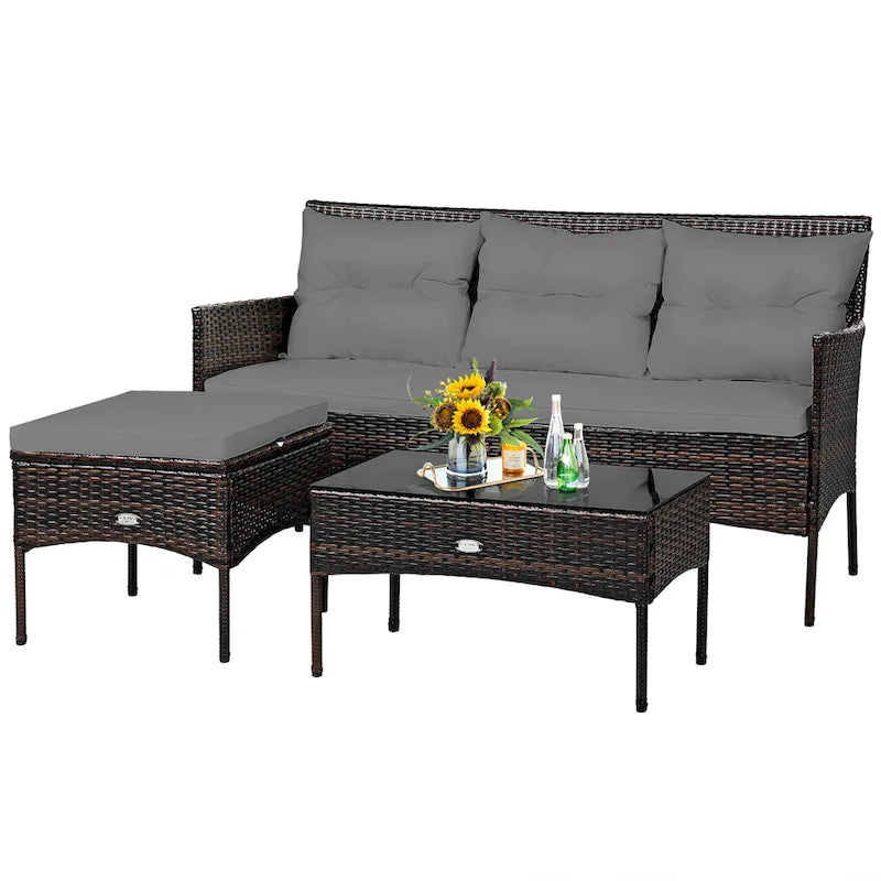 Costway 3PCS Patio Rattan Furniture Set 3-Seat Sofa Cushioned Table - See details
