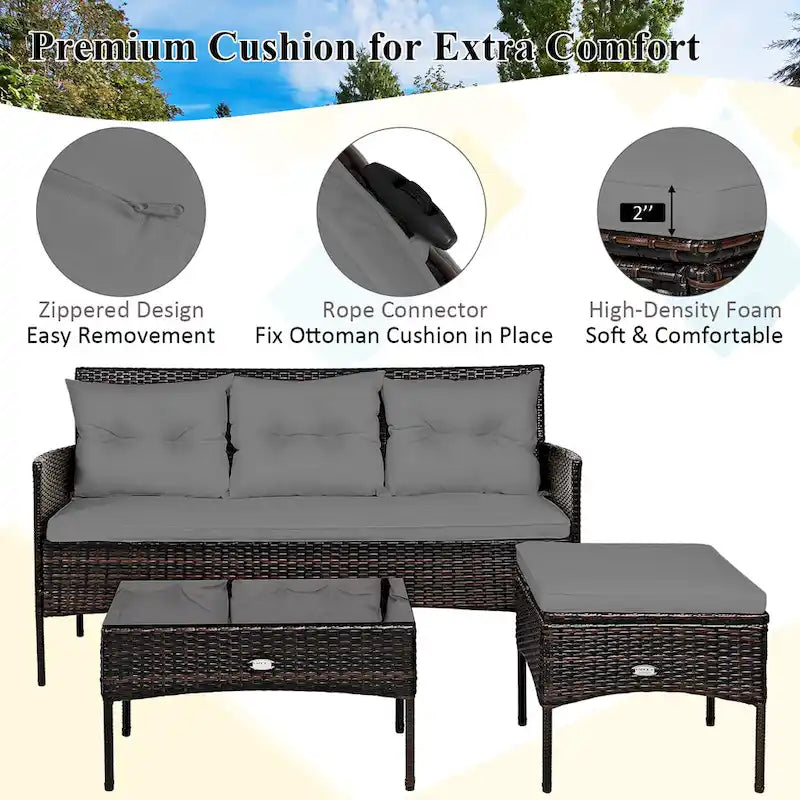 Costway 3PCS Patio Rattan Furniture Set 3-Seat Sofa Cushioned Table - See details